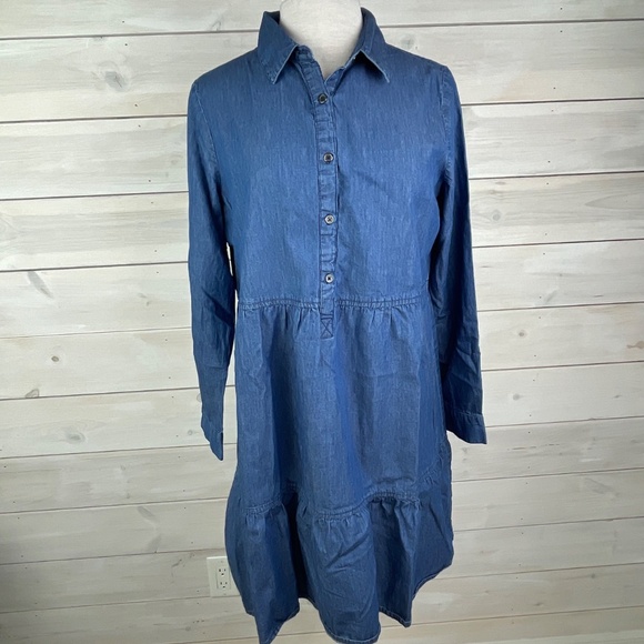 Linda Anderson Blue Denim Long Sleeve Pheasant Dress - Picture 1 of 8